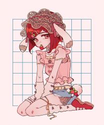 1girl alternate_costume animal_ears arms_between_legs belt belt_buckle blue_shorts braid braided_bangs breasts brown_eyes buckle buttons commentary danganronpa_(series) danganronpa_v3:_killing_harmony film_grain food-themed_hair_ornament food_in_mouth frilled_shirt frills full_body hair_ornament hairband highres lolita_hairband navel pink_shirt rabbit_ears rabbit_tail red_hair red_ribbon red_shoes ribbon shimaya shirt shoes short_hair shorts sitting sleeveless sleeveless_shirt small_breasts socks solo strawberry_hair_ornament symbol-only_commentary tail v_arms white_arm_warmers white_socks yellow_belt yumeno_himiko