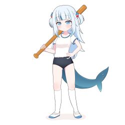 1girl absurdres alternate_costume baseball_bat black_buruma blue_eyes blue_hair blunt_bangs buruma closed_mouth expressionless fins fish_tail full_body gawr_gura gym_shirt gym_uniform hair_ornament hand_on_own_hip highres holding holding_baseball_bat hololive hololive_english kneehighs long_hair moka_chino multicolored_hair shark_hair_ornament shark_tail shirt shoes short_sleeves short_twintails simple_background socks solo streaked_hair tail twintails very_long_hair virtual_youtuber white_background white_hair white_shirt white_shoes white_socks