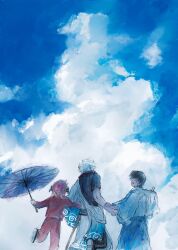 1girl 2boys black_hair black_shirt blue_sky bun_cover cloud cloudy_sky day double_bun from_behind gintama hadanugi_dousa hair_bun highres holding holding_hands holding_umbrella jacket japanese_clothes kagura_(gintama) kimono long_sleeves lushu_kuye multiple_boys oil-paper_umbrella open_clothes open_kimono outdoors pants red_hair red_jacket red_pants sakata_gintoki shimura_shinpachi shirt short_hair short_sleeves sky smile sword umbrella walking weapon white_hair white_kimono wooden_sword