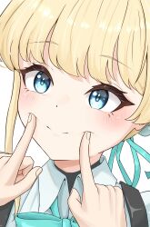 1girl 1other apron blonde_hair blue_archive blue_eyes blue_ribbon blush dress false_smile hair_ornament hands_on_another&#039;s_face highres looking_at_another maid maid_apron negiroppon ribbon short_hair simple_background smile toki_(blue_archive) white_background white_dress
