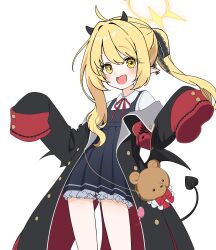 Rule 34 | 1girl, :d, absurdres, black horns, black jacket, black tail, black wings, blonde hair, blue archive, blush, collared shirt, demon girl, demon horns, demon tail, demon wings, dress, halo, highres, horns, ibuki (blue archive), jacket, long hair, long sleeves, looking at viewer, low wings, momip, open mouth, pinafore dress, pointy ears, shirt, simple background, sleeveless, sleeveless dress, sleeves past fingers, sleeves past wrists, smile, solo, stuffed animal, stuffed toy, tail, teddy bear, white background, wings, yellow eyes, yellow halo