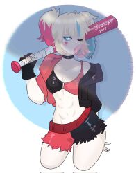 abs baseball_bat bikini bikini_top_only blonde_hair blue_background blue_eyes blue_hair breasts character_request choker closed_eyes collarbone cowboy_shot dibujaliu facial_mark fingerless_gloves gloves harley_quinn harley_quinn_(suicide_squad_isekai) heart heart_facial_mark highres jacket looking_at_viewer multicolored_bikini multicolored_hair open_clothes open_jacket red_hair shorts sidelocks simple_background small_breasts suicide_squad_isekai swimsuit twintails two-tone_bikini two-tone_shorts white_background