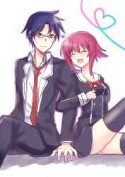 1boy 1girl ^_^ arm_hug black_thighhighs blush bow bowtie chaos;child closed_eyes couple heart heart_of_string highres looking_at_another miyashiro_takuru necktie nishijou_myu onoe_serika pink_hair red_eyes red_neckwear school_uniform short_hair_with_long_locks sidelocks smile thighhighs zettai_ryouiki