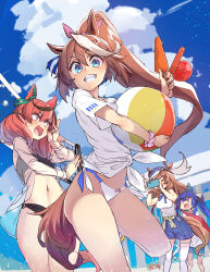 &gt;_&lt; 0_0 4girls alternate_costume animal_ears ball beachball bikini black_bikini black_bow blue_eyes blue_hair blue_ribbon bow brown_eyes brown_hair cabbie_hat candy_apple carrot cellphone cloud commentary_request contrail crab ear_covers ear_ribbon ears_through_headwear food from_below green_ribbon grin hair_between_eyes hair_bow hair_ornament hairclip hat heterochromia hidori_(hibi_toridori) high_ponytail highres holding holding_ball holding_beachball holding_food holding_phone horse_ears horse_girl horse_tail long_hair matikane_tannhauser_(umamusume) medium_hair multicolored_hair multiple_girls multiple_hair_bows neck_ribbon nice_nature_(umamusume) open_mouth outdoors phone pink_bow ponytail purple_eyes purple_headwear ribbon sharp_teeth shirt sidelocks sky sleeveless sleeveless_shirt smartphone smile streaked_hair summer sweatdrop swimsuit tail taking_picture teeth thighhighs tied_shirt tokai_teio_(umamusume) twin_turbo_(umamusume) twintails two-tone_hair umamusume upper_teeth_only very_long_hair volleyball_net white_bikini white_bow white_hair white_shirt white_thighhighs