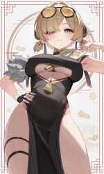 1girl absurdres between_breasts black_dress blonde_hair blush breasts china_dress chinese_clothes clothing_cutout covered_navel cutout_above_navel dress eyewear_on_head from_below hair_over_one_eye hand_fan hand_on_own_hip highres inset_border large_breasts looking_at_viewer pelvic_curtain purple_eyes short_hair solo sunglasses sweety_(zenless_zone_zero) tinted_eyewear underboob_cutout unnunal_(unneonal) yellow-tinted_eyewear zenless_zone_zero