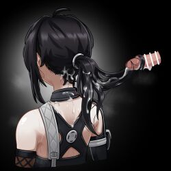 Rule 34 | 1girl, absurdres, ahoge, back, bar censor, bare shoulders, black background, black hair, censored, chest strap, commentary, criss-cross back-straps, cropped torso, cum, cum on back, cum on body, cum on hair, disembodied penis, english commentary, fiery (ahhh7475), from behind, grace howard, hair focus, hairjob, highres, long hair, penis, ponytail, profile, sidelocks, simple background, solo, steam, sweat, upper body, variant set, zenless zone zero