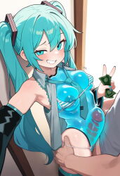 1boy 1girl ai-assisted aqua_eyes aqua_hair armpits bikini blush breasts brittle clothing_aside collarbone covered_erect_nipples from_above from_side grabbing_another&#039;s_ass grin groping hair_ornament hatsune_miku holding holding_money inside_view large_penis long_hair looking_at_viewer loose_necktie micro_bikini money motion_lines navel necktie nipple_slip nipples one_breast_out panties panties_aside penis prostitution see-through_body see-through_clothes selfie sex shirt skindentation sleeveless sleeveless_shirt smile smirk smug standing standing_sex stomach_bulge striped_bikini striped_clothes swimsuit thighhighs twintails underwear v vocaloid