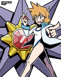 1girl :d breasts competition_swimsuit exogero gen_1_pokemon green_eyes gym_leader highres holding holding_poke_ball jacket long_sleeves looking_at_viewer medium_breasts misty_(pokemon) nintendo one-piece_swimsuit open_clothes open_jacket open_mouth orange_hair pointing pointing_at_viewer poke_ball poke_ball_(basic) pokemon pokemon_gsc pokemon_hgss short_hair smile solo starmie swimsuit teeth thighs upper_teeth_only white_one-piece_swimsuit