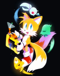 1boy animal_nose black_background blue_eyes body_fur creature fox_boy full_body furry furry_male gloves holding male_focus misuta710 multiple_tails shoes simple_background sonic_(series) sonic_colors sonic_the_hedgehog standing tail tails_(sonic) two_tails white_gloves wisp_(sonic)