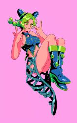 Rule 34 | 1girl, blue hair, boots, braid, breasts, commentary, crop top, double bun, double w, english commentary, full body, green eyes, green hair, green nails, hair bun, halterneck, highres, jojo no kimyou na bouken, knee boots, kuujou jolyne, medium breasts, midriff, pink background, see-through clothes, see-through skirt, single braid, skirt, smile, solo, stone ocean, tariah furlow, w