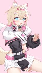 1girl absurdres animal_ear_fluff animal_ears bandaid bandaid_hair_ornament black_jacket blonde_hair blue_eyes cropped_jacket cropped_shirt crossed_bangs dog_ears dog_girl dog_tail double-parted_bangs frilled_shorts frills fur-trimmed_jacket fur_trim hair_between_eyes hair_intakes hair_ornament hairband highres hololive hololive_english horn_hairband jacket looking_at_viewer midriff miyayoki mococo_abyssgard mococo_abyssgard_(1st_costume) multicolored_hair navel open_clothes open_jacket pink_background pink_hair pink_hairband shirt short_hair short_shorts shorts simple_background solo streaked_hair tail two_side_up virtual_youtuber white_shirt white_shorts x_hair_ornament