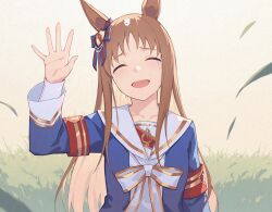 1girl absurdres animal_ears armband blue_jacket bow brown_hair closed_eyes collarbone ear_bow ear_ornament ear_ribbon field grass grass_wonder_(umamusume) highres horse_ears horse_girl jacket long_hair long_sleeves looking_at_viewer multicolored_hair nokku_(ren_nokku) open_mouth red_armband sailor_collar smile solo umamusume upper_body waving white_hair white_sailor_collar