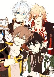 Rule 34 | 4boys, antenna hair, aqua eyes, armor, black choker, black coat, black hair, black hoodie, black shirt, blonde hair, blue eyes, braid, caelus (honkai: star rail), choker, coat, commentary request, dan heng (honkai: star rail), dan heng (hunt) (honkai: star rail), earrings, eyeliner, facial tattoo, fingerless gloves, gloves, gold earrings, gold necklace, gradient hair, hair between eyes, highres, honkai: star rail, honkai (series), hood, hood down, hoodie, jewelry, looking at viewer, makeup, male focus, medium hair, multicolored hair, multiple boys, mydei (honkai: star rail), necklace, open clothes, open coat, open hoodie, pauldrons, phainon (honkai: star rail), red eyeliner, red hair, red tattoo, sakae 0 0, shirt, short hair, shoulder armor, side braid, simple background, single pauldron, tattoo, trailblazer (honkai: star rail), turtleneck, v, white background, white coat, white hair, white shirt, yellow eyes