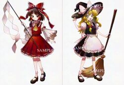 2girls apron ascot back_bow black_hat black_shoes black_skirt black_vest blonde_hair blush bow braid broom brown_hair closed_eyes commentary_request detached_sleeves frilled_bow frilled_hair_tubes frills full_body gohei hair_bow hair_tubes hakurei_reimu hand_on_headwear hat hat_bow holding holding_broom holding_gohei kirisame_marisa long_hair maa_(forsythia1729) mary_janes multiple_girls red_bow red_skirt ribbon-trimmed_sleeves ribbon_trim sample_watermark shoes side_braid single_braid skirt skirt_set smile socks touhou very_long_hair vest waist_apron watermark white_bow white_socks witch_hat yellow_ascot