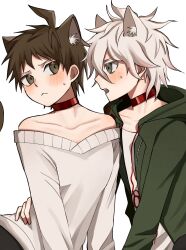 2boys :&lt; ahoge alternate_costume animal_ears bare_shoulders blush brown_eyes brown_hair collar collarbone danganronpa_(series) danganronpa_2:_goodbye_despair dog_ears green_jacket grey_sweater highres hinata_hajime jacket komaeda_nagito kun_(oxx_kn_xxo) male_focus multiple_boys off-shoulder_sweater off_shoulder print_shirt red_collar shirt simple_background sweatdrop sweater white_background yaoi