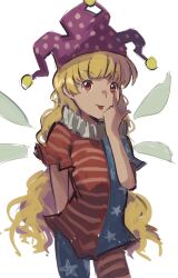 1girl absurdres american_flag american_flag_print blonde_hair child clownpiece cropped_legs fairy flag_print hat highres jester_cap kornod long_hair looking_at_viewer orange_eyes solo touhou very_long_hair white_background wings