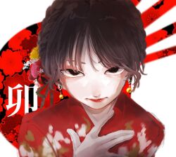 1girl \||/ black_eyes braid brown_hair choppy_bangs earrings floral_background gloves japanese_clothes jewelry kimono looking_at_viewer ninjin_14 no_pupils non-web_source original portrait red_kimono red_lips short_hair solo white_background white_gloves