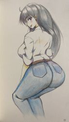 1girl arato_nagi ass black_hair blue_eyes blue_pants breasts denim ear_piercing earrings hand_on_own_thigh highres huge_ass jeans jewelry large_breasts long_hair open_mouth pants piercing ruri_no_houseki shirt_tucked_in thick_thighs thighs wide_hips
