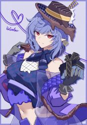 1girl absurdres alternate_costume black_gloves blue_hair box chocolate closed_mouth commentary earrings elysia_(honkai_impact) elysia_(miss_pink_elf)_(honkai_impact) english_commentary english_text food gift gift_box gloves hat herrscher_of_corruption highres holding holding_chocolate holding_food holding_gift honkai_(series) honkai_impact_3rd jewelry looking_at_viewer midriff navel pointy_ears simple_background smile solo sparks_summer upper_body valentine