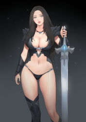 1girl armor black_hair breasts feet_out_of_frame female_focus large_breasts long_hair solo standing warrior weapon