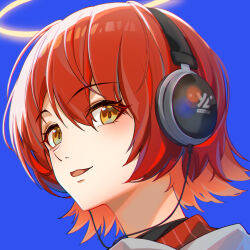 1girl arknights blue_background chromatic_aberration commentary exusiai_(arknights) eyes_visible_through_hair hair_between_eyes halo headphones looking_at_viewer open_mouth portrait red_hair shimizu_kazunari short_hair simple_background smile solo traditional_halo yellow_eyes yellow_halo