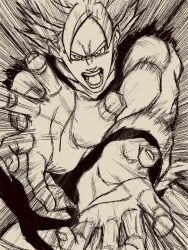 Rule 34 | 1boy, attack, dragon ball, greyscale, highres, incoming attack, kamehameha (dragon ball), looking at viewer, male focus, monochrome, open mouth, solo, son goku, spiked hair, straight-on, tp p pt