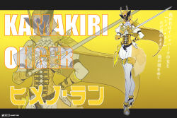 1girl absurdres armor breasts cape dress gloves helmet high_heels highres himeno_ran holding holding_sword holding_weapon kamakiri_ohger king medium_breasts ohgercalibur ohsama_sentai_king-ohger rapier super_sentai sword tokusatsu tongzhen_ganfan weapon yellow_armor yellow_cape yellow_dress