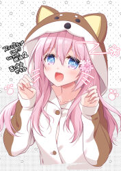 1girl :d animal_costume animal_ears animal_hood blue_eyes blush collarbone commentary_request cropped_torso dog_costume dog_ears dog_hood drawn_whiskers fake_animal_ears hair_between_eyes hands_up highres hood hood_up long_hair long_sleeves looking_at_viewer nail_polish onesie open_mouth original pink_hair pink_nails polka_dot polka_dot_background puffy_long_sleeves puffy_sleeves ringo_sui sleeves_past_wrists smile solo star_(symbol) translation_request upper_body white_background