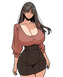 Rule 34 | 1girl, absurdres, beautiful gunbari, breasts, brown eyes, brown shirt, cleavage, collarbone, earrings, greenb, highres, jewelry, jung su-a, large breasts, long hair, looking at viewer, mole, mole on breast, puffy sleeves, shirt, simple background, solo, standing, stud earrings, white background