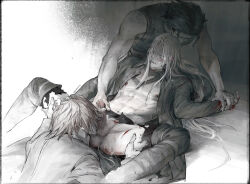 3boys abs angeal_hewley black_hair blood blood_on_clothes blush boy_sandwich clenched_teeth closed_eyes crisis_core_final_fantasy_vii cum cum_in_ass cum_on_male erection final_fantasy final_fantasy_vii genesis_rhapsodos grey_hair group_sex handjob hands_on_another&#039;s_thighs head_between_legs highres holding_another&#039;s_wrist injury licking licking_testicle luluzhang998873 lying male_focus mmm_threesome multiple_boys nipple_piercing nipples on_back oral pants pectorals penis piercing pinned red_hair sandwiched sephiroth short_hair spread_legs sweat teeth testicles threesome toned toned_male torn_clothes torn_pants yaoi