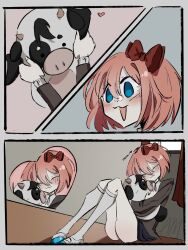 1boy 1girl :3 ^_^ almonddssss blazer blue_eyes blue_skirt bow brown_jacket brown_sweater_vest closed_eyes cow doki_doki_literature_club grey_jacket hair_bow heart highres hug hugging_doll hugging_object jacket mr._cow open_mouth orange_vest pink_hair red_ribbon ribbon sayori_(doki_doki_literature_club) school_uniform skirt smile socks stuffed_animal stuffed_cow stuffed_toy sweater_vest tagme vest white_socks