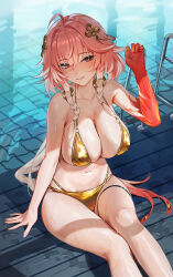 1girl ahoge bare_shoulders bikini braid breasts changli_(wuthering_waves) collarbone colored_extremities commentary feather_hair gold_bikini hair_extensions hair_ornament hand_up large_breasts long_hair looking_at_viewer navel orange_eyes parted_lips pool qianyuu_(senba) red_hands ring_hair_extensions sitting smile solo stomach swimsuit twin_braids very_long_hair wet wuthering_waves
