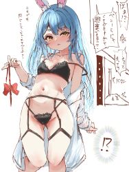 !? 1girl alternate_costume animal_ear_fluff animal_ears blue_hair bow bowtie gluteal_fold hair_down highres hololive jacket jacket_partially_removed lingerie long_hair navel orange_eyes rabbit_ears rabbit_girl red_bow red_bowtie tazrn1 thick_eyebrows underwear usada_pekora virtual_youtuber