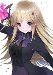 Rule 34 | 1girl, absurdres, arm at side, arm up, assault lily, azusa (azchemist63), black jacket, black shirt, blonde hair, blush, bow, bowtie, breasts, center frills, closed mouth, commentary request, commission, domino mask, frilled shirt, frills, gem, gem hair ornament, high-waist skirt, highres, holding, holding mask, jacket, long hair, long sleeves, looking at viewer, mask, medium breasts, michikawa miaki, open clothes, open jacket, purple bow, purple bowtie, purple eyes, purple skirt, red gemstone, shirt, shirt tucked in, skeb commission, skirt, smile, solo, unworn mask, upper body, watermark