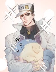 Rule 34 | 1boy, androgyne symbol, black hair, black shirt, closed mouth, coat, commentary, crossover, diamond wa kudakenai, earrings, gen 3 pokemon, hat, highres, holding, holding pokemon, itsoraoraoraora, jewelry, jojo no kimyou na bouken, korean commentary, kuujou joutarou, male focus, nintendo, pokemon, pokemon (creature), shirt, sparkle, spheal, thick neck, white coat, white hat