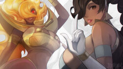 1girl anklet arm_up armlet artist_name black_eyes bracer braid breasts brown_eyes brown_hair chain cleavage colored_skin covered_erect_nipples cowboy_shot dark-skinned_female dark_skin earrings fire full_body gloves glowing glowing_eyes gold hair_over_one_eye hand_on_own_hip harem_outfit harem_pants highres hip_focus jewelry large_breasts lips long_hair looking_at_viewer midriff navel nipple_tassels open_mouth orange_hair pants pasties power_stone red_eyes red_skin rouge_(power_stone) simple_background single_braid smile solo sparkle standing tassel transformation twisted_torso very_dark_skin white_background xuuikie_ashe