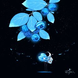 1other absurdres artist_name backpack bag blue_jacket blueberry commentary fish flying_fish food food_focus fruit gloves glowing helmet highres holding holding_food holding_fruit jacket kazunoko_(kazunoko_zunoco) leaf looking_at_food looking_up mini_person original planetary_ring radio_antenna signature solo space space_helmet star_(sky) white_gloves
