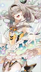 ;d alternate_costume arm_up armpit_crease armpits black_hairband breasts dress feixiang_c firefly_(honkai:_star_rail) frilled_dress frills gloves green_dress grey_hair hair_between_eyes hair_ornament hairband high_heels honkai:_star_rail honkai_(series) long_hair medium_breasts one_eye_closed open_mouth pink_eyes reaching reaching_towards_viewer sleeveless sleeveless_dress smile teeth thighhighs white_gloves white_thighhighs