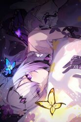 1girl aki_tsune bare_shoulders black_bow black_tiara blue_butterfly bow bright_pupils bug butterfly castorice_(honkai:_star_rail) commentary dress elbow_gloves gloves hair_bow highres honkai:_star_rail honkai_(series) insect long_hair looking_at_viewer lying parted_lips purple_butterfly purple_eyes purple_gloves purple_hair solo tiara white_dress white_pupils yellow_butterfly