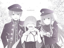 1boy 2girls artist_name bb_(fate) bb_(fate/extra) black_coat black_hat black_jacket black_sailor_collar black_shirt black_skirt blush breasts coat collared_shirt commentary crying english_commentary fate/extra fate/grand_order fate_(series) gloves greyscale hair_between_eyes hat highres jacket kishinami_hakuno_(female) kishinami_hakuno_(female)_(mooncancer) kishinami_hakuno_(male) kishinami_hakuno_(male)_(mooncancer) large_breasts long_hair long_sleeves looking_at_another merutuki monochrome multiple_girls neck_ribbon neckerchief open_mouth peaked_cap ribbon sailor_collar shirt short_hair sidelocks skirt smile streaming_tears tears teeth tongue white_gloves white_shirt