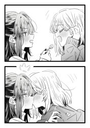 2girls blush commentary feeding greyscale hair_behind_ear highres izumi_shiho kiss long_hair long_sleeves lwmina70119 medium_hair mizuguchi_aki mole mole_under_eye monochrome multiple_girls one_side_up open_mouth sasayaku_you_ni_koi_wo_utau sidelocks surprise_kiss surprised sweater yuri