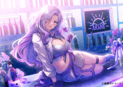 Rule 34 | 1girl, ;d, belt, belt buckle, between breasts, black necktie, black shoes, blush, bottle, breasts, buckle, commentary request, cropped jacket, cup, drink, drinking glass, eyes visible through hair, flower, grey skirt, hair over one eye, holding, holding cup, ittokyu, jacket, kanzaki akane, long hair, looking at viewer, medium breasts, meteopolis, mole, mole under eye, navel, necktie, necktie between breasts, official art, one eye closed, open clothes, open jacket, open mouth, purple belt, purple eyes, purple flower, purple hair, shoes, skirt, smile, solo, vase, very long hair, virtual youtuber, white jacket, wine glass
