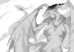 1girl 3gs arms_up breasts breasts_apart breath_weapon breathing_fire claws clenched_teeth collarbone colored_skin dragon_girl dragon_wings female_focus fire flame-tipped_tail furry furry_female gem greyscale highres horn_ornament horn_ring horns jewelry large_breasts lizard_tail looking_to_the_side mature_female monochrome multicolored_skin navel necklace no_nipples original profile reptile_girl sketch snout solo stomach tail teeth upper_body white_background winged_arms wings