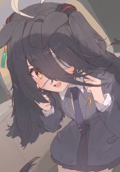 1girl absurdres black_shirt black_skirt blue_necktie blush coat collared_shirt ears_down eyepatch furrowed_brow grey_coat hair_between_eyes hands_up highres index_finger_raised long_bangs long_hair long_hair_between_eyes long_sleeves looking_at_viewer manhattan_cafe_(umamusume) medical_eyepatch multicolored_hair necktie open_mouth pleated_skirt shirt skirt smile solo ssekine05 translation_request umamusume upper_body very_long_hair white_hair yellow_eyes
