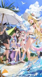 5girls :d abby_(wuthering_waves) alternate_costume ball bare_legs bare_shoulders beach beach_umbrella beachball bikini black_bikini black_hair black_horns black_one-piece_swimsuit blonde_hair blue_bikini blue_eyes blue_sky bow breasts carlotta_(wuthering_waves) casual_one-piece_swimsuit cellphone closed_mouth commentary curled_horns day earrings eyewear_on_head female_rover_(wuthering_waves) flower food frilled_bikini frills fruit hair_bow hair_flower hair_ornament hanasawa_(hanasawa062) hand_up hashtag-only_commentary heterochromia highres holding holding_food holding_phone holding_popsicle horns jewelry key_earrings large_breasts legs long_hair medium_breasts multicolored_hair multiple_girls on_suitcase one-piece_swimsuit open_mouth outdoors parted_bangs phoebe_(wuthering_waves) phone pink_bow pink_hair popsicle red_eyes roccia_(wuthering_waves) rover_(wuthering_waves) sandals sitting skirt sky smartphone smile suitcase sunglasses swimsuit swimsuit_cover-up tacet_mark_(wuthering_waves) toes twintails two-tone_hair umbrella watermelon waving white_bikini white_eyes white_hair white_skirt white_umbrella wuthering_waves yellow_eyes zani_(wuthering_waves)