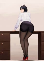 1girl absurdres ass black_hair black_pantyhose black_skirt closed_mouth demon_horns from_behind high_heels highres hololive hololive_english horns long_sleeves looking_back mairu_(user_2757) miniskirt nerissa_ravencroft nerissa_ravencroft_(casual) official_alternate_costume pantyhose shirt short_hair skirt solo virtual_youtuber white_shirt