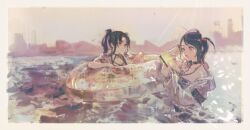 2girls black_choker black_hair border choker copyright_request highres holding innertube long_hair multiple_girls open_mouth short_hair swim_ring ueno_zousui upper_body water white_border wide_shot