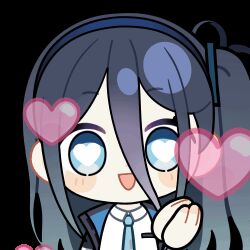 Rule 34 | 1girl, :d, animated, animated gif, aqua eyes, aqua necktie, aris (blue archive), black jacket, blinking, blue archive, blue hair, blue hairband, blue jacket, blush stickers, bright pupils, chibi, chunye haruya, collared shirt, disembodied hand, dot nose, hair between eyes, hairband, heart, heart-shaped pupils, jacket, long bangs, long hair, long hair between eyes, looking at viewer, lowres, multicolored jacket, necktie, one side up, open clothes, open jacket, open mouth, own hands together, palms together, school uniform, second-party source, shirt, simple background, smile, solo, symbol-shaped pupils, transparent background, upper body, white jacket, white pupils, white shirt