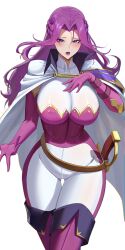 Rule 34 | 1girl, absurdres, belt, blush, boots, braid, breasts, brown belt, cape, code geass, commentary, cornelia li britannia, detached sleeves, english commentary, gluteal fold, hair intakes, hand on own chest, high collar, highres, large breasts, long hair, multicolored pants, open mouth, pants, purple eyes, purple hair, rasipan, sheath, sheathed, sword, thigh boots, weapon, white background, white cape