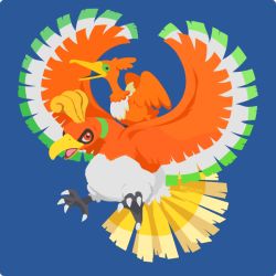 alternate_color beak blue_background color_connection colored_sclera commentary_request cramorant gen_2_pokemon gen_8_pokemon green_sclera ho-oh legendary_pokemon looking_at_viewer nintendo no_humans open_mouth pokemon pokemon_(creature) pokemon_focus red_eyes rizu_(rizunm) shiny_pokemon simple_background talons twitter_username watermark wings